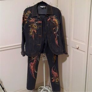 Embroidered DG2 by Diane Gilman Denim Jacket and Pants Set